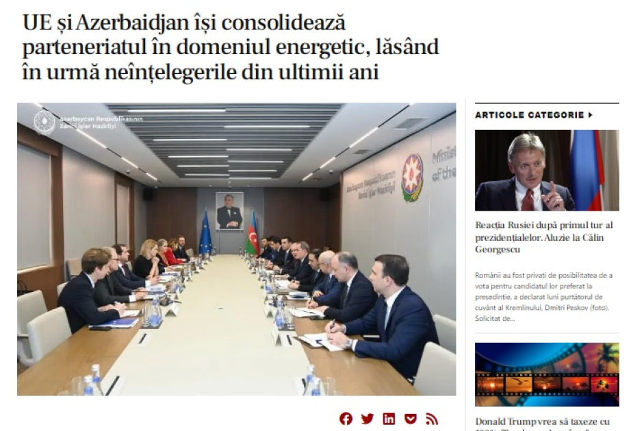 Rumıniya mediası: Aİ və Azərbaycan tərəfdaşlığı gücləndirir